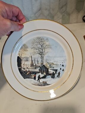 Vintage Collector Plate Winter Pilgram Scene Gold Rimmed Unmarked 8"